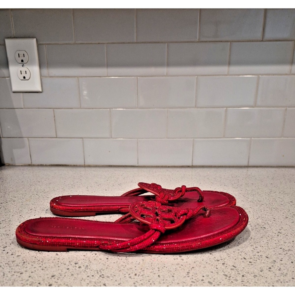 Tory Burch Women's Red Patent Leather Logo Rhinestone Thong Slip-On Sandals 10.5 - Picture 2 of 7
